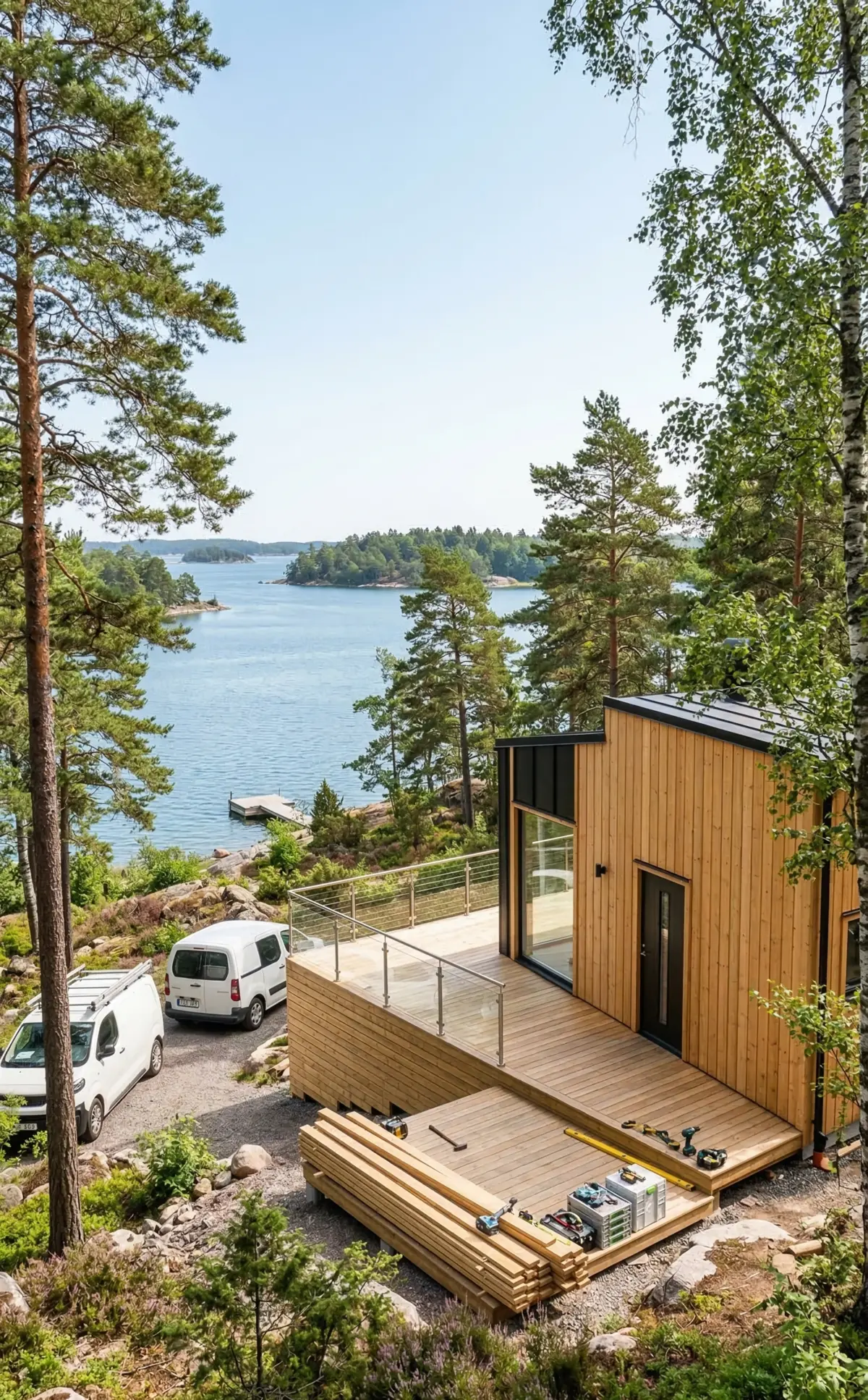 Nybyggd altan i trä vid en sjötomt i Stockholms skärgård