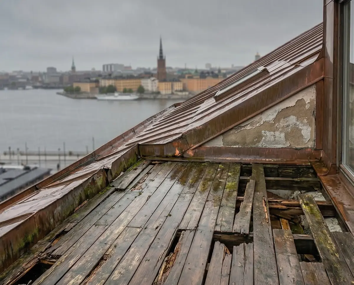 Takterrass på Riddarholmen före renovering, med ruttet trädäck
